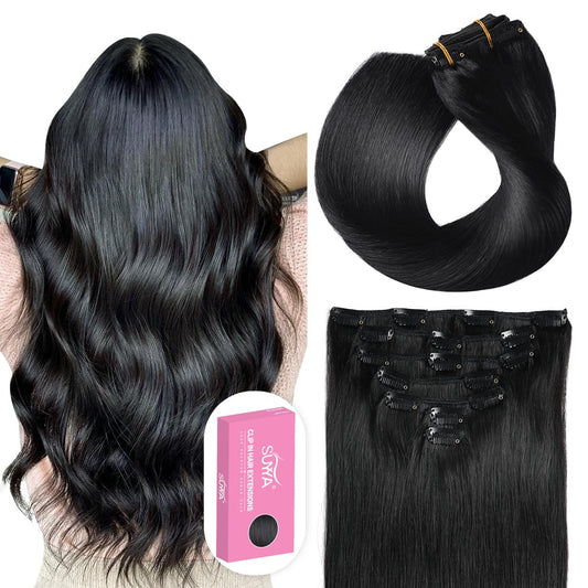 Clip in Hair Extensions Real Human Hair, 16 Inch 120G Jet Black Clip in Hair Extensions Human Hair Straight Human Hair Clip Ins Double Weft Hair Extensions Clip Ins(16 Inches #1 Jet Black)