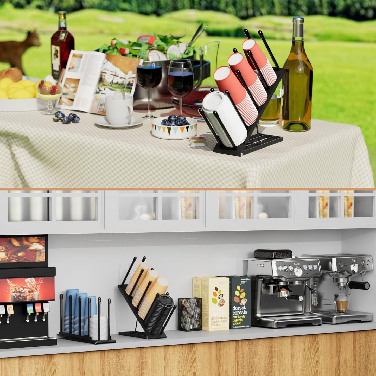 Cup and Lid Holder - Adjustable Coffee Cup Holder Organizer 4 Compartment Disposable Cup Dispenser with Mesh Basket for Coffee Pod Straw Storage Metal (Black)