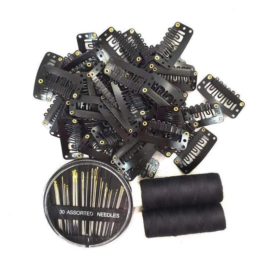 50Pcs  32Mm Snap Clips for Hair Extensions I Shape Hair Clips Tools 6 Teeth Black Color Hair Extension Clips 30 Assorted Sewing Needles and 2 Rolls Thread (Black)