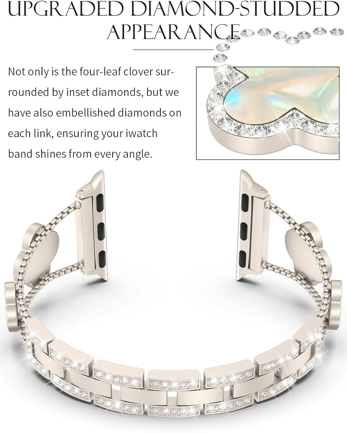 Bling Womens Band Compatible with Apple Watch Band 40Mm 41Mm 38Mm Series 9 8 7 6 5 4 3 2 1 SE, Sparkle Diamond Replacement Bracelet Wristband, Cute Lucky Clover Dressy Iwatch Band,Starlight/White