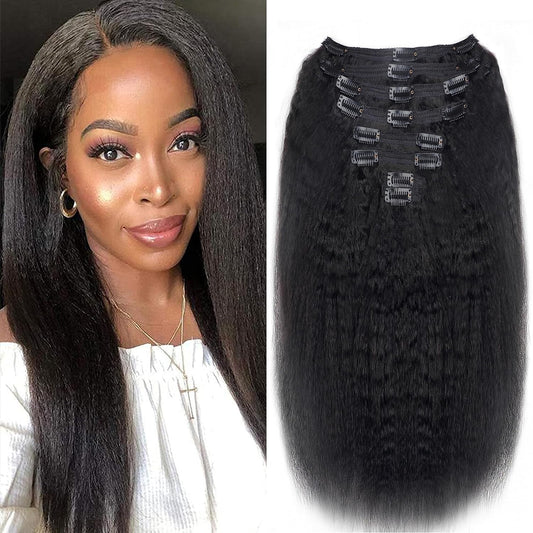 Clip in Hair Extensions Real Human Hair Clip Ins 100% Unprocessed Brazilian Virgin Hair Clip Ins Kinky Straight Hair Clip Ins for Women 8Pcs with 18 Clips 120G per Set (20Inch)