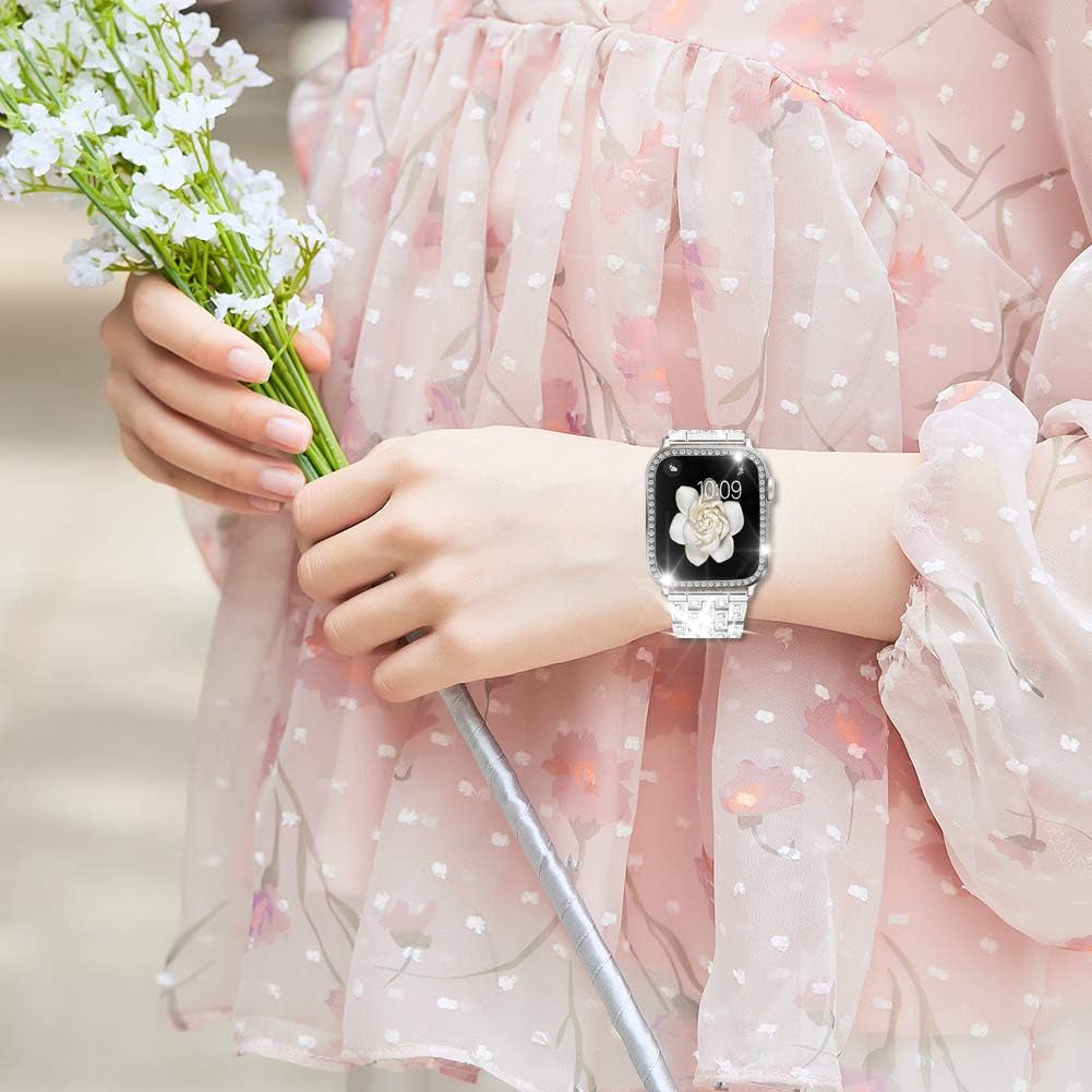 Compatible with Apple Watch Band 38Mm 40Mm 41Mm 42Mm 44Mm 45Mm 49Mm+ Case, Women Jewelry Bling Diamond Rhinestone Replacement Metal Strap& 2 Pack PC Protector Case for Iwatch Ultra 2/ Ultra Series 9/8/7/6/5/4/3/2/1/SE
