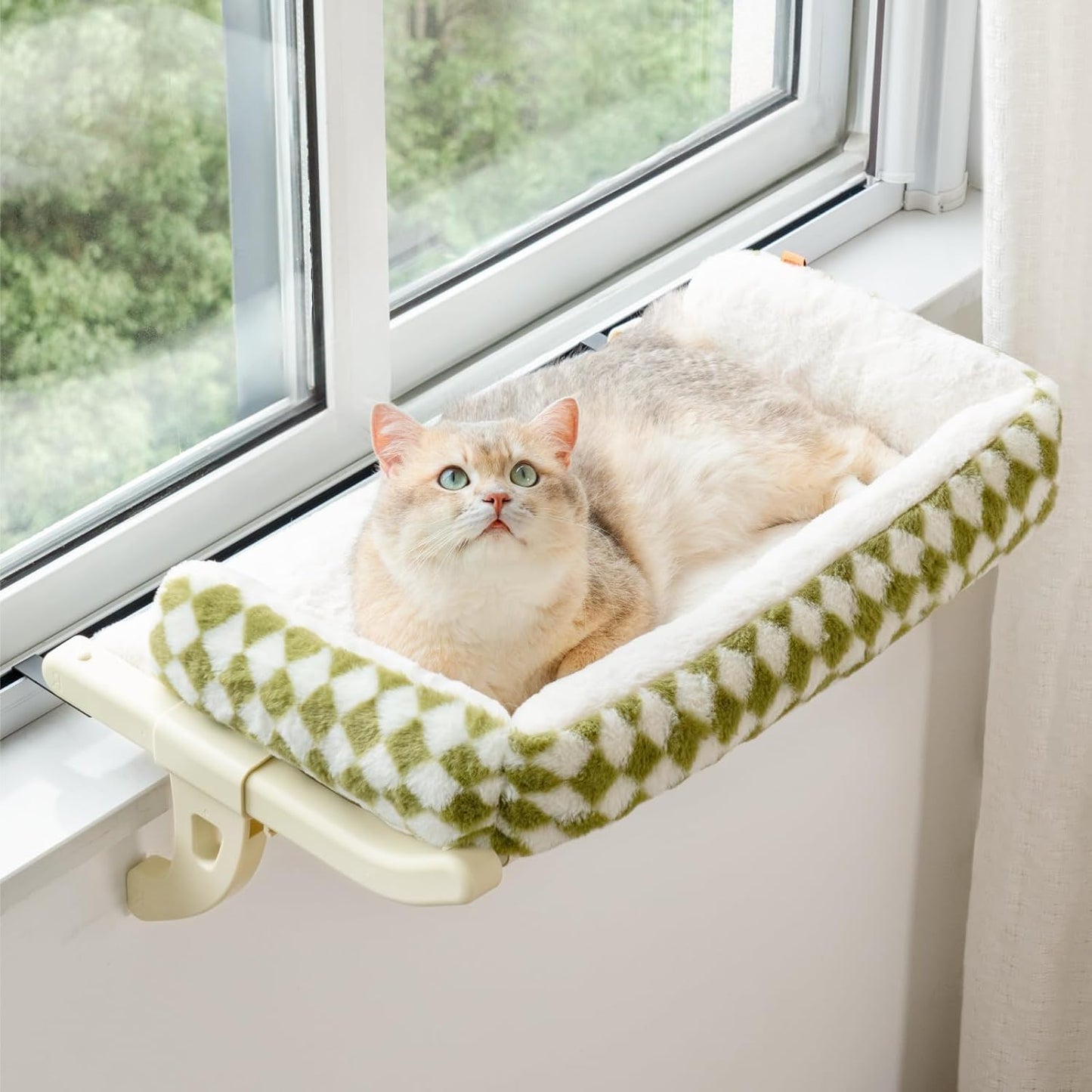 Cat Window Sill Perch for Indoor Cats, One-Step Sliding Clamping Slot Adjustment Cat Window Hammock with Removable Covers, Cat Bed for Windowsill & Bedside (Green, Large)