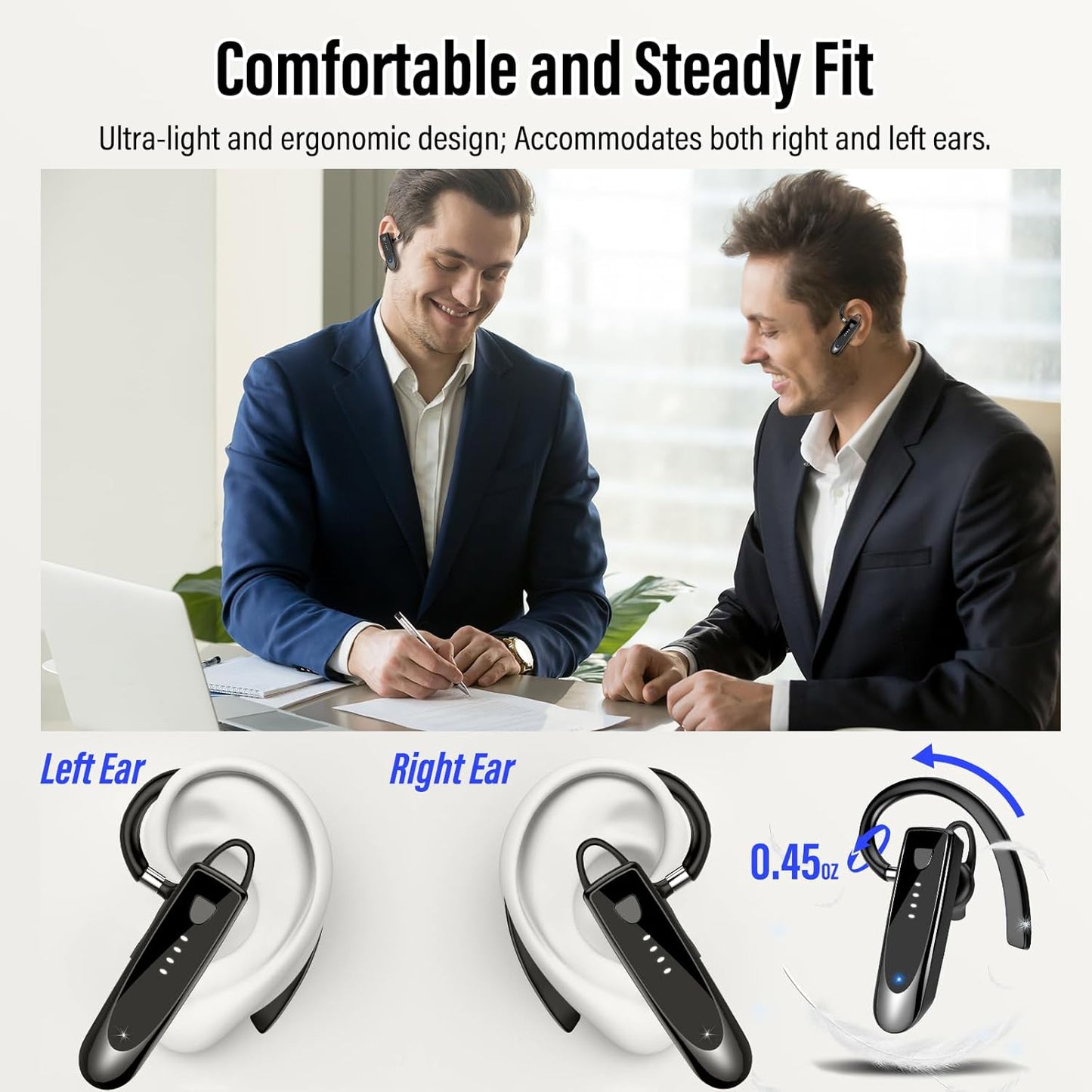 Bluetooth Earpiece, Bluetooth 5.4 Wireless Handsfree Headset with Microphone, 20Hrs Call Time Bluetooth Headset, 180 Hrs Standby Time Headset for Business/Trucker/Driver, Bright Black TRUCK DRIVER