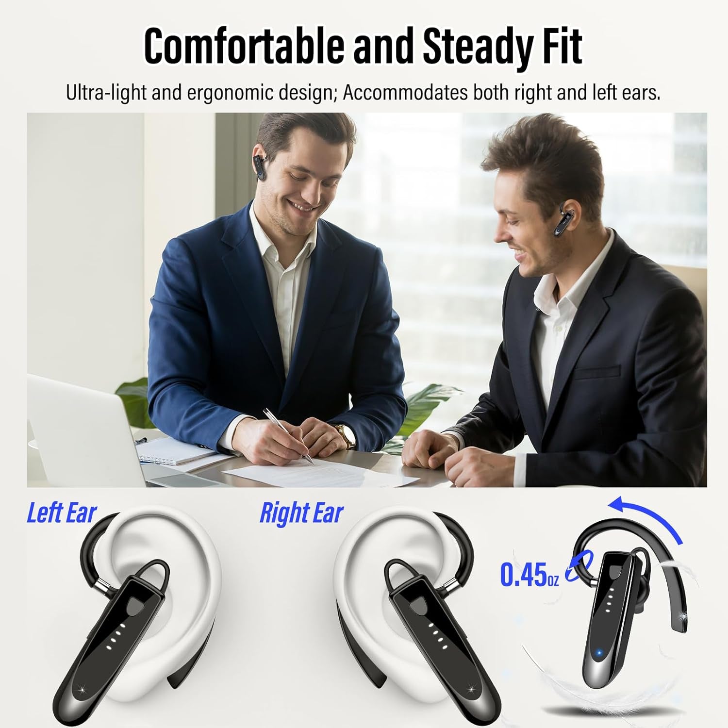 Bluetooth Earpiece, Bluetooth 5.4 Wireless Handsfree Headset with Microphone, 20Hrs Call Time Bluetooth Headset, 180 Hrs Standby Time Headset for Business/Trucker/Driver, Bright Black TRUCK DRIVER