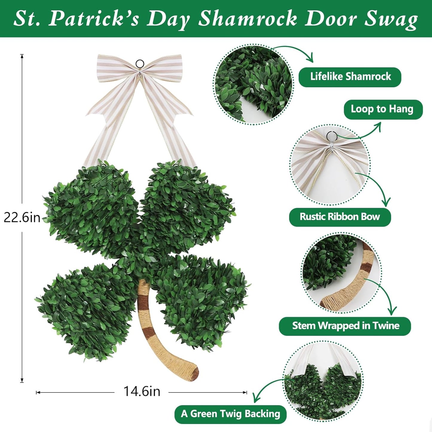 St. Patrick'S Day Decorations, Shamrock Wreath for St. Patrick'S Day Decor, Lucky Green St. Patrick'S Day Door Swag for Fireplace Mantel Walls