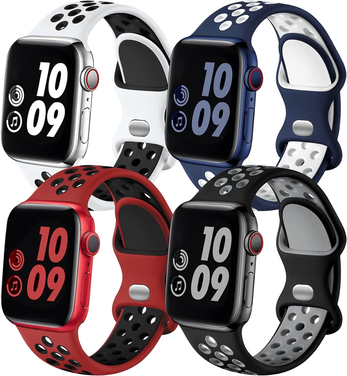 4 Pack Compatible with Apple Watch Band 49Mm 45Mm 44Mm 42Mm Iwatch Ultra 2 SE Series 9 8 7 6 5 4 3 2 1 Women Men, Breathable Sport Silicone Strap, Blue White/White Black/Blackgray/Redblack