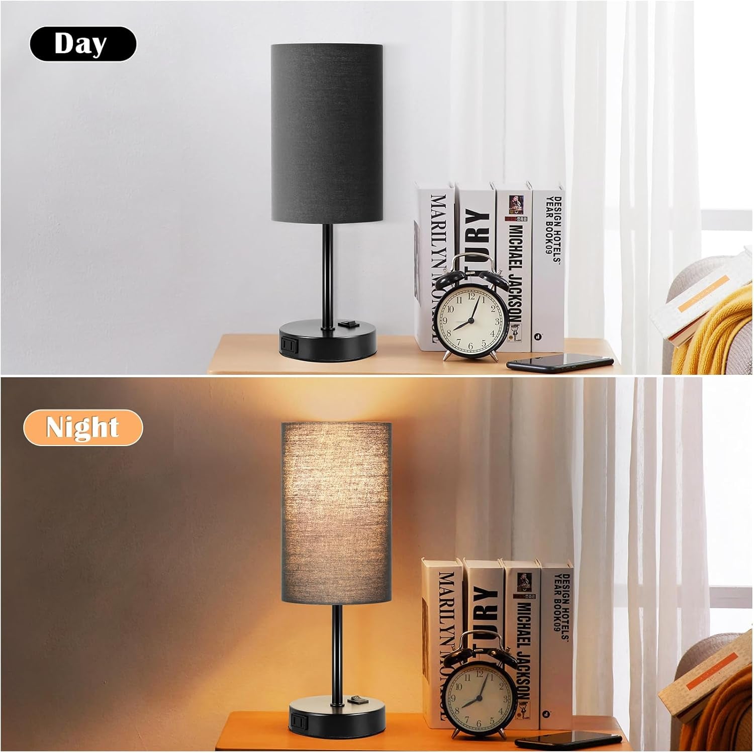 Table Lamp for Bedroom Set of 2, Bedside Small Lamps with 3 Way Dimmable Rocker Switch and AC Outlet, Nightstand Desk Lamp with Black Fabric Shade Black Base for Living Room Home Decor Lights