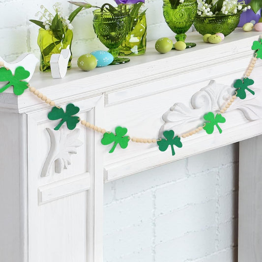 St Patricks Day Garland, Felt Shamrock Banner with Wooden Beads for St Patricks Day Decor, St Patricks Day Decorations for the Home, Saint Patricks Day Decorations