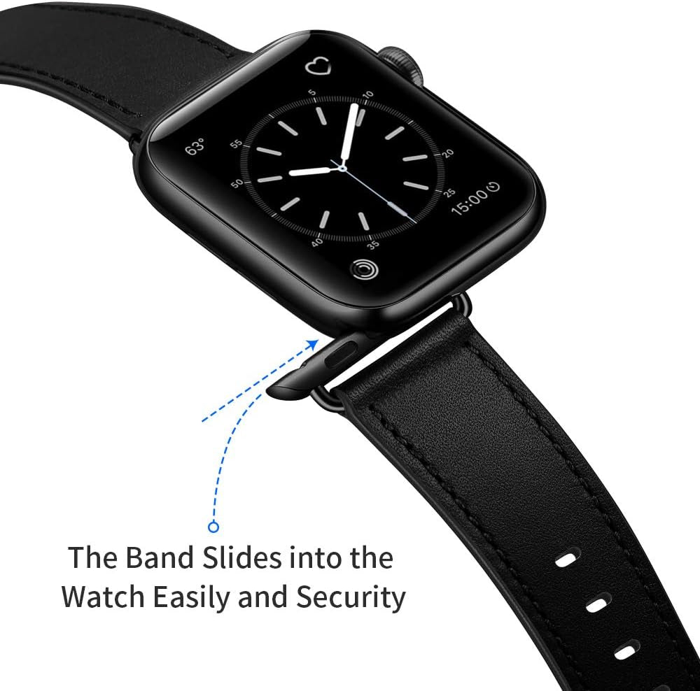 Compatible with Apple Watch Band 49Mm 45Mm 44Mm 42Mm, Genuine Leather Band Replacement Strap Compatible with Apple Watch Ultra 2/1 Series 9/8/7/6/5/4/3/2/1/SE/SE2, Black Band with Black Adapter