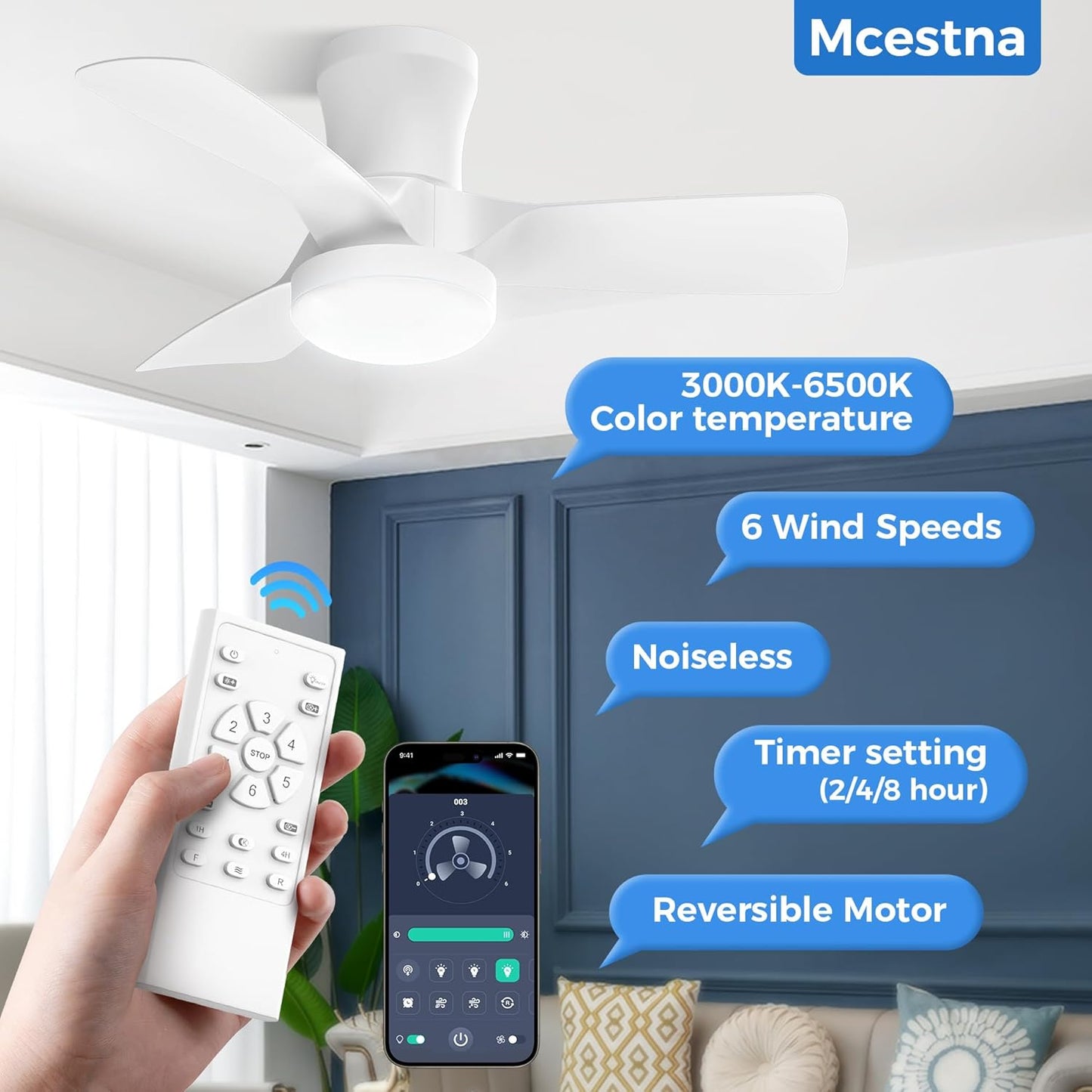 Smart Modern Flush Mount Ceiling Fans with Lights and Remote 32 Inch Low Profile Led Lights for Bedroom Bladeless Fan for Bedroom Kids Room and Living Room Ceiling Light Fixture