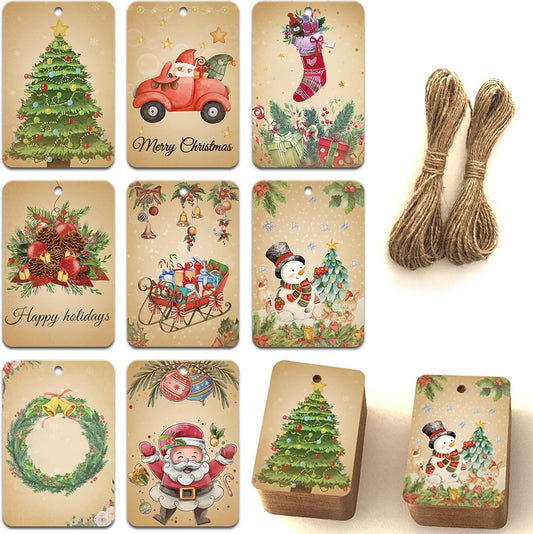 120PCS Vintage Christmas Gift Tags, Retro Xmas Gift Tags with String, Christmas Hanging Tags, Christmas Gift Wrapping Holiday Home Decor(2’’ X 3’’)