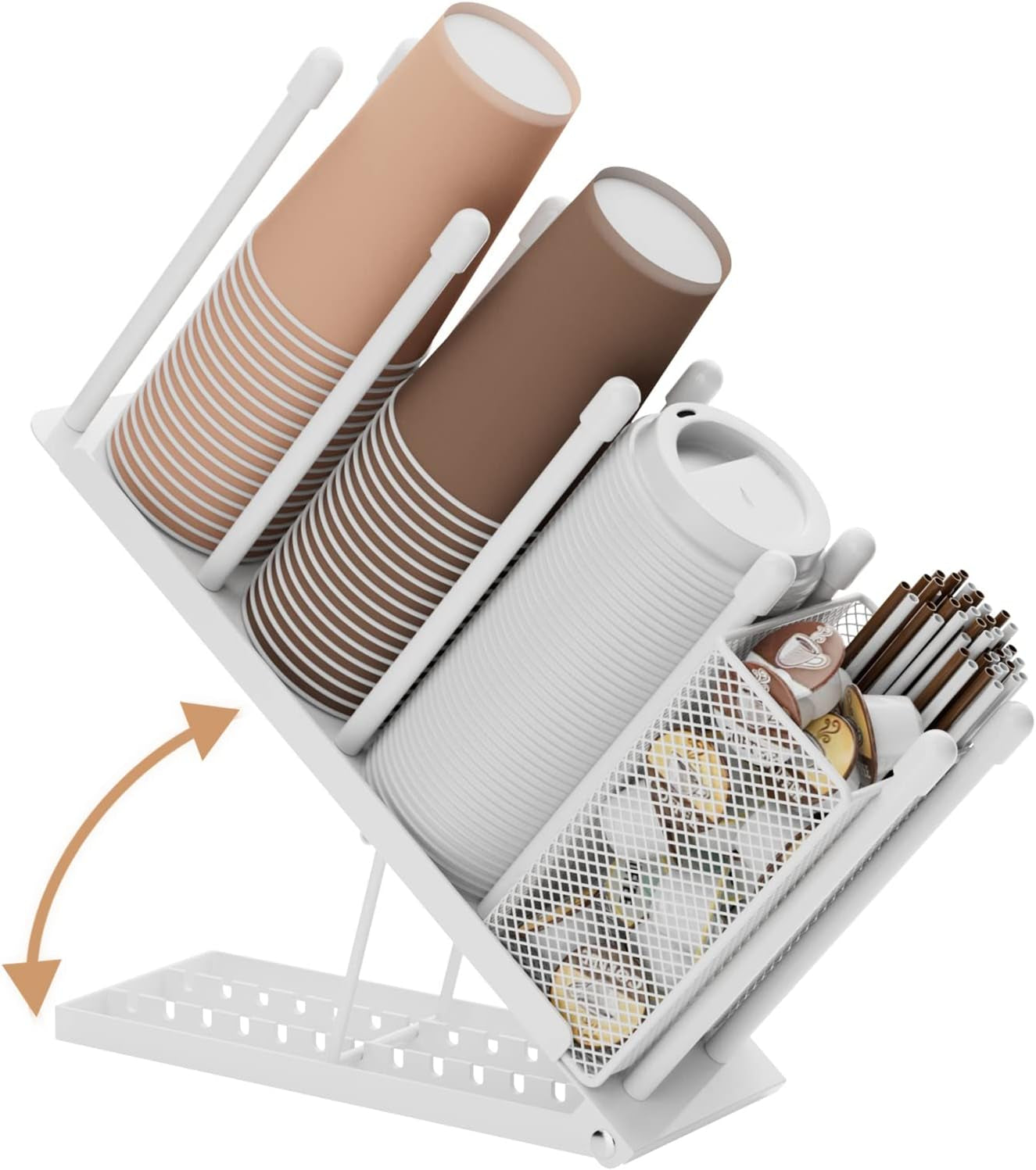 Cup and Lid Holder - Adjustable Coffee Cup Holder Organizer 4 Compartment Disposable Cup Dispenser with Mesh Basket for Coffee Pod Straw Storage Metal (Black)