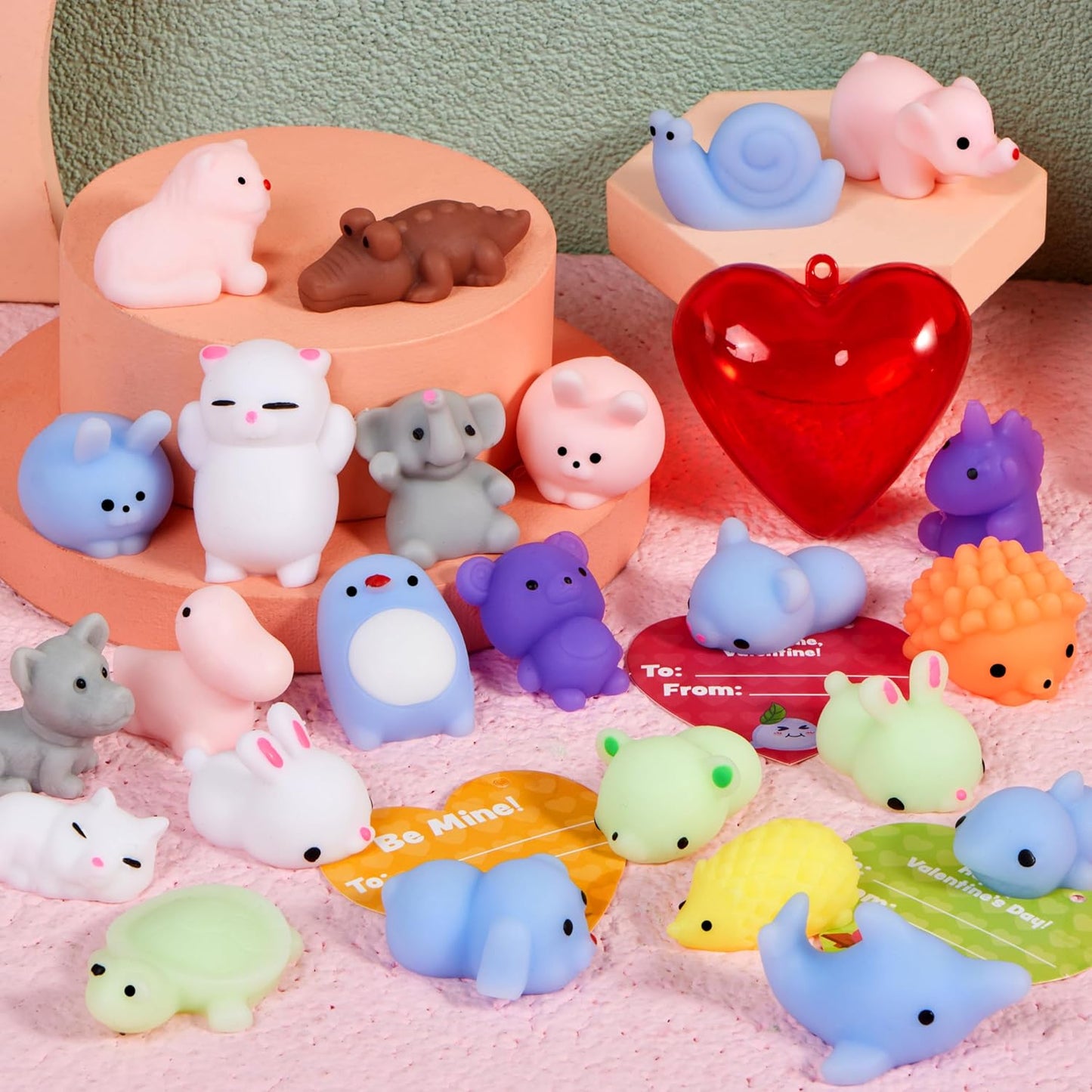28 Mochi Squishy Toys Filled Hearts and Valentine Cards for Kids Valentine Classroom Exchange Party Favors, Kawaii Stress Relief Toys for Valentine Gift Exchange, Game Prizes and Carnivals Gift