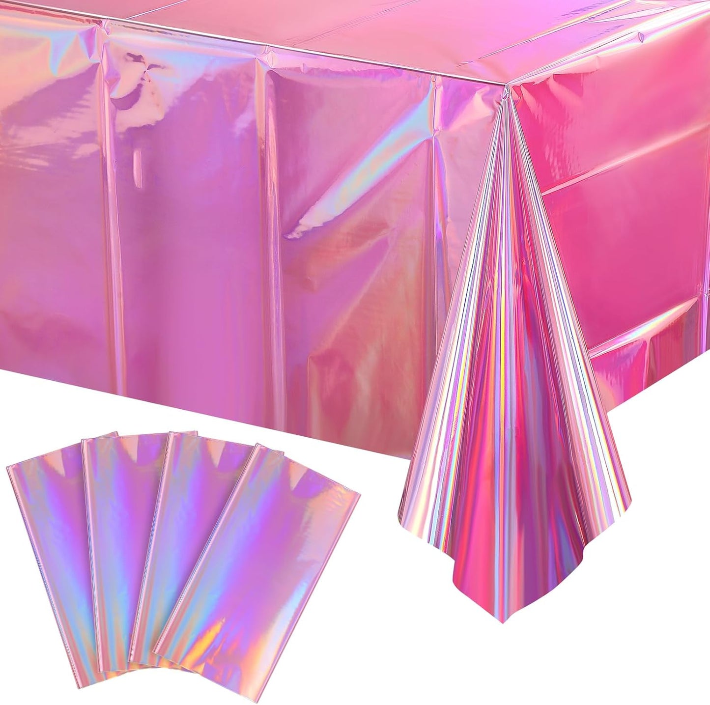 4 Pack Iridescent Pink Plastic Tablecloths,  Shiny Disposable Laser Rectangle Table Covers, Holographic Foil Tablecloth Iridescent Party Decorations for Birthday Wedding Christmas, 54X108Inch