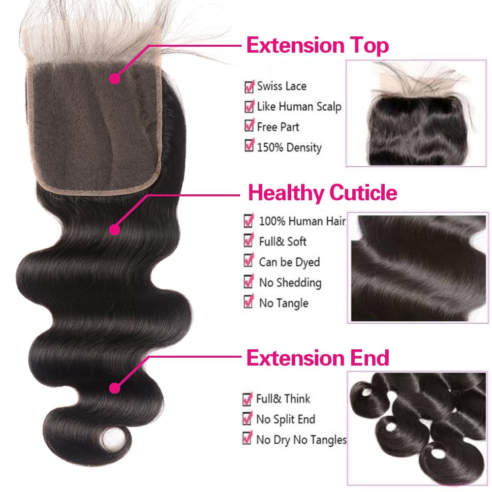 Body Wave Bundles with Closure Human Hair (16 18 20 +14) Brazilian Human Hair 3 Bundles with 4X4 HD Lace Closure Free Part 10A Grade 100% Unprocessed Virgin Hair Body Wave Bundles Natural Color