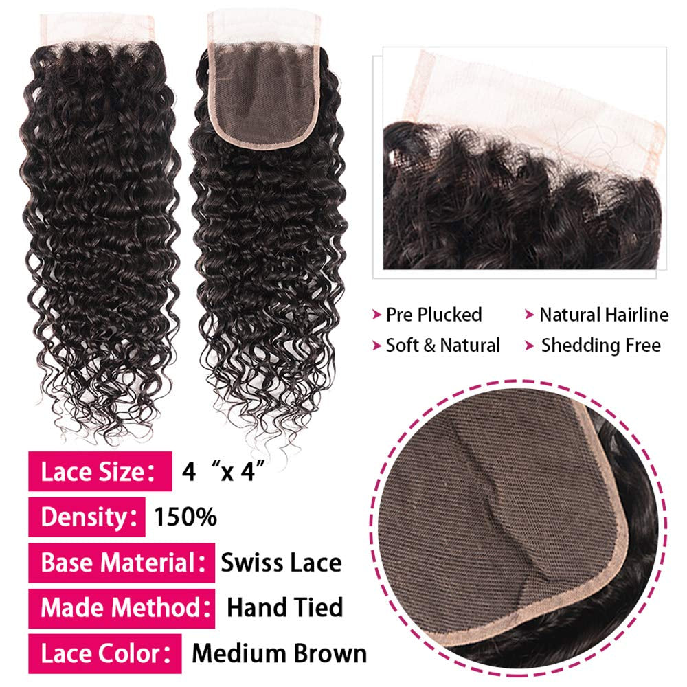 10A Water Wave Bundles with Closure (16 18 20 +14) Wet and Wavy Brazilian Virgin Human Hair 3 Bundles with 4X4 Lace Closure with Baby Hair Free Part 1B# Curly Wave Human Hair Extensions