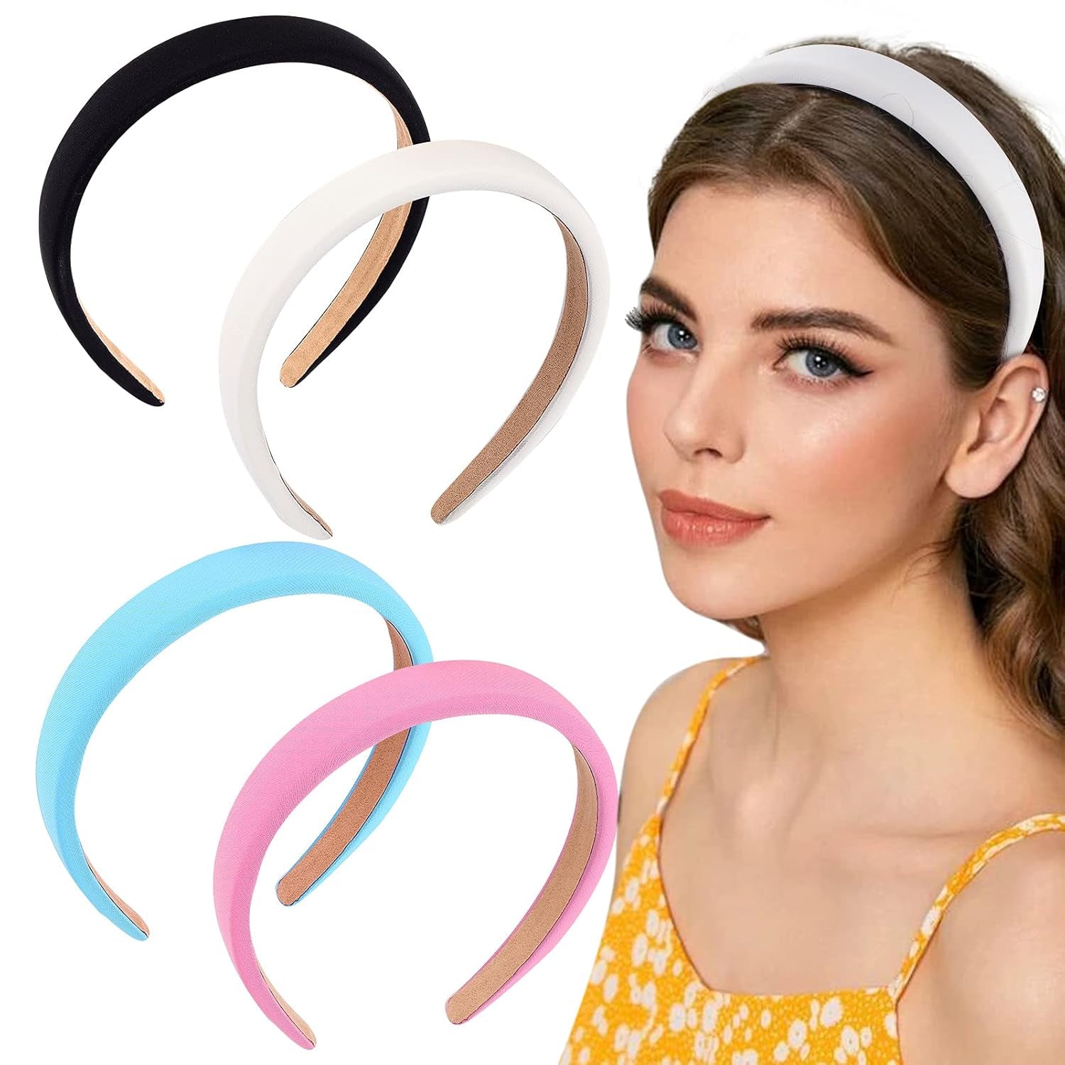 Headbands for Women, 4Pcs Padded Headbands Non Slip Soft Thick Comfortable Headbands Cute Brown Black Pink White Fall Headband Aesthetic Y2K Halloween Costume Hair Accessories for Women Girls