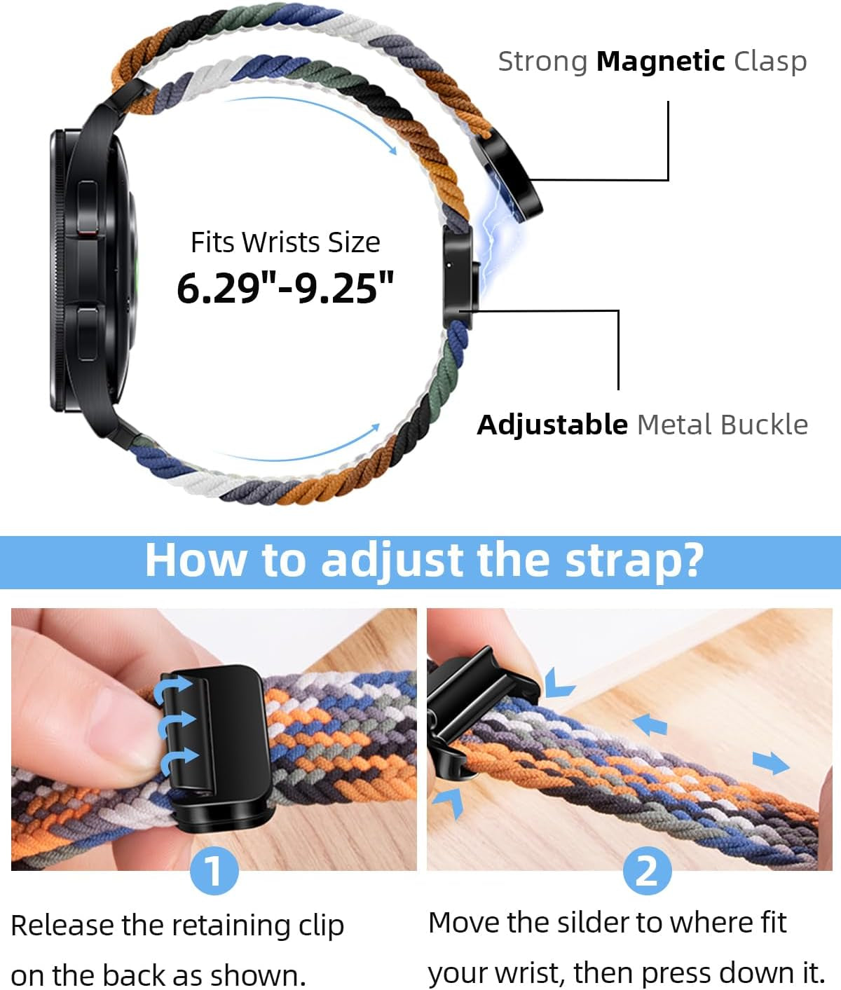 One Click No Gap Magnetic Braided Bands Compatible with Samsung Galaxy Watch 7 6 4 5 FE Band 40Mm 44Mm/Watch 6 4 Classic 47Mm 43Mm 42Mm 46Mm/Watch 5 Pro 45Mm, 20Mm Elastic Nylon Sport Strap Men Women