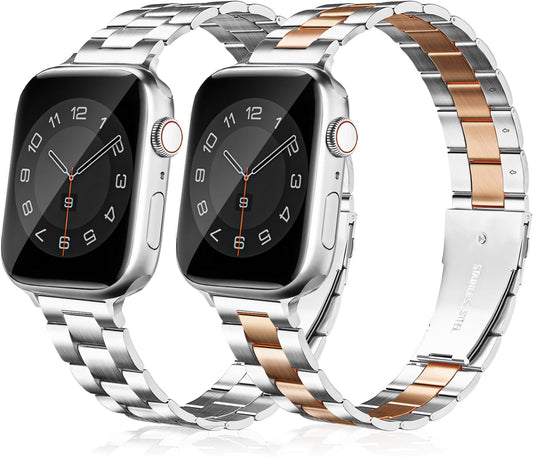 Thin Metal Bands Compatible with Apple Watch Band 38Mm 40Mm 41Mm 42Mm 44Mm 45Mm 46Mm 49Mm, Slim Stainless Steel Wristband Strap for Iwatch Ultra SE Series 10 9 8 7 6 5 4 3 2 1-Silver+Silver-Rosegold