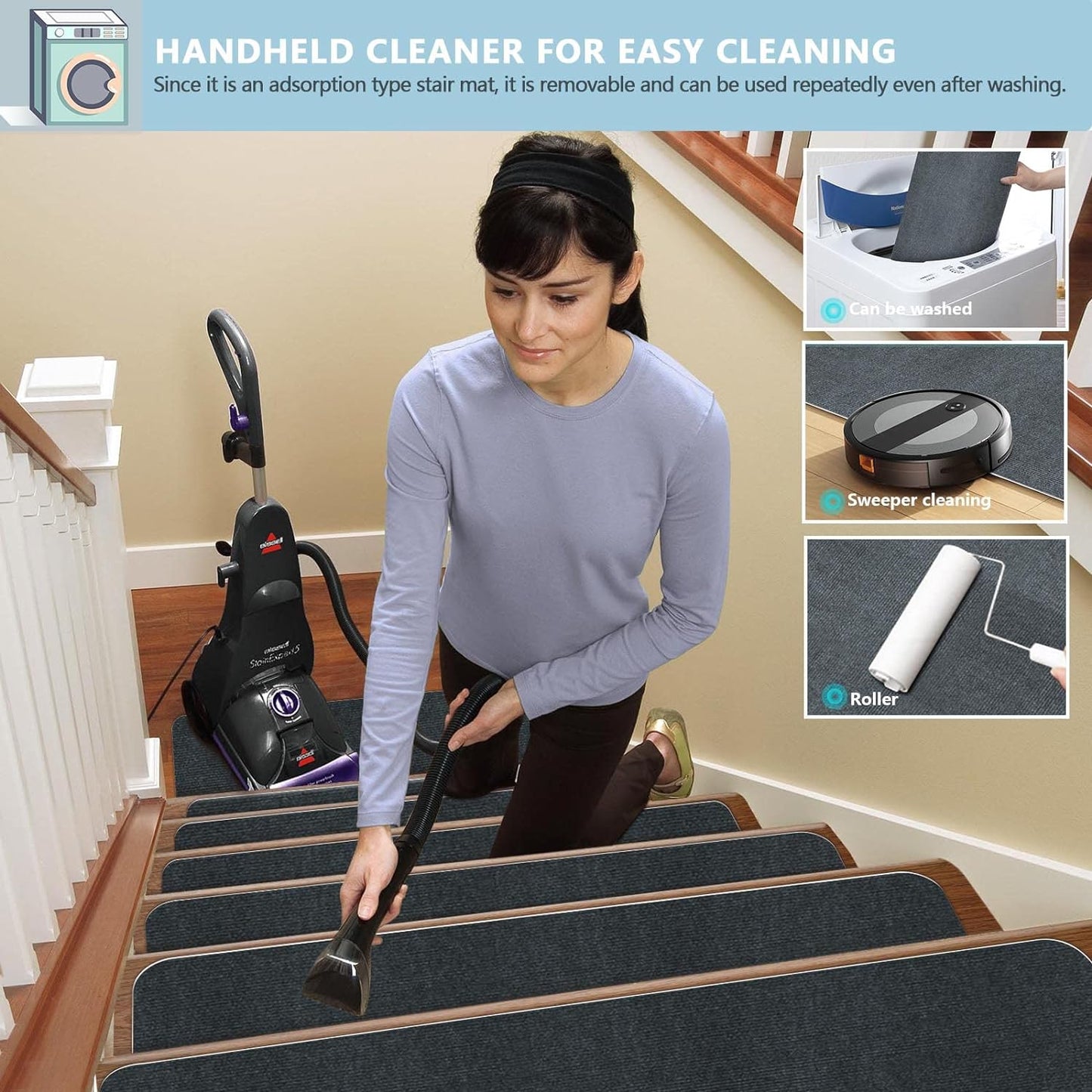 8" X 30" (15 in Pack) Non-Slip Stair Treads Carpet for Wooden Steps, Self-Adhesive Stair Treads Mat, Safety Indoor Stair Runner Mats, anti Slip Stair Rugs for Kids Elders and Dogs，Black