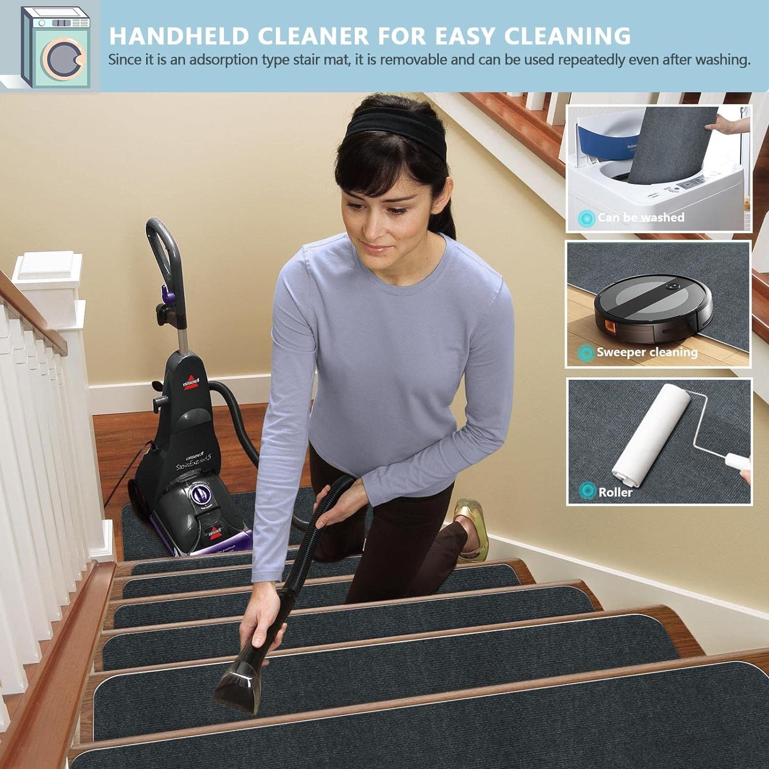 8" X 30" (15 in Pack) Non-Slip Stair Treads Carpet for Wooden Steps, Self-Adhesive Stair Treads Mat, Safety Indoor Stair Runner Mats, anti Slip Stair Rugs for Kids Elders and Dogs，Black