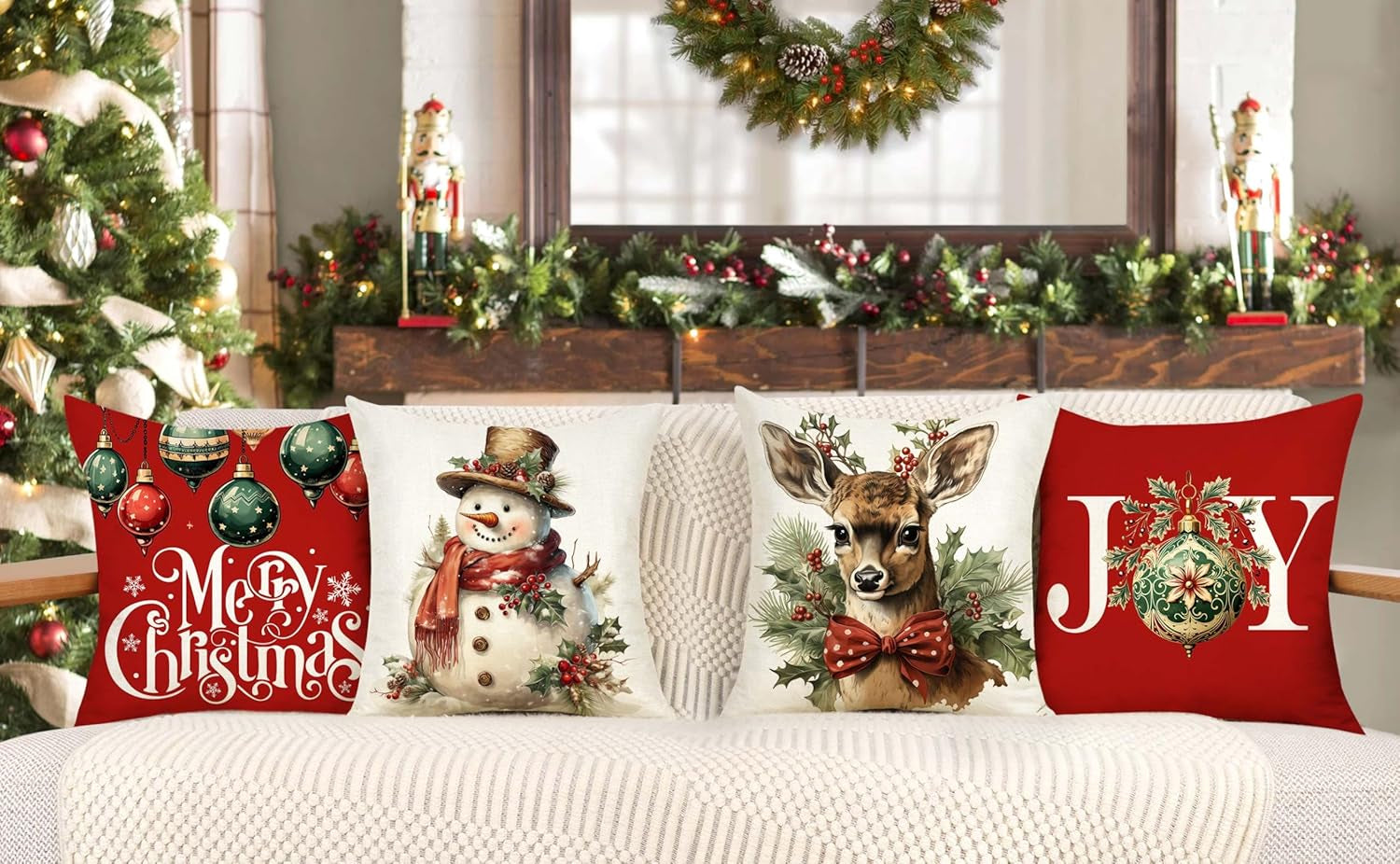 Christmas Pillow Covers 18X18 Set of 4 Red White Farmhouse Xmas Decorations Snowman Deer Joy Winter Holiday Decor Throw Cushion Case for Home Couch S24C04