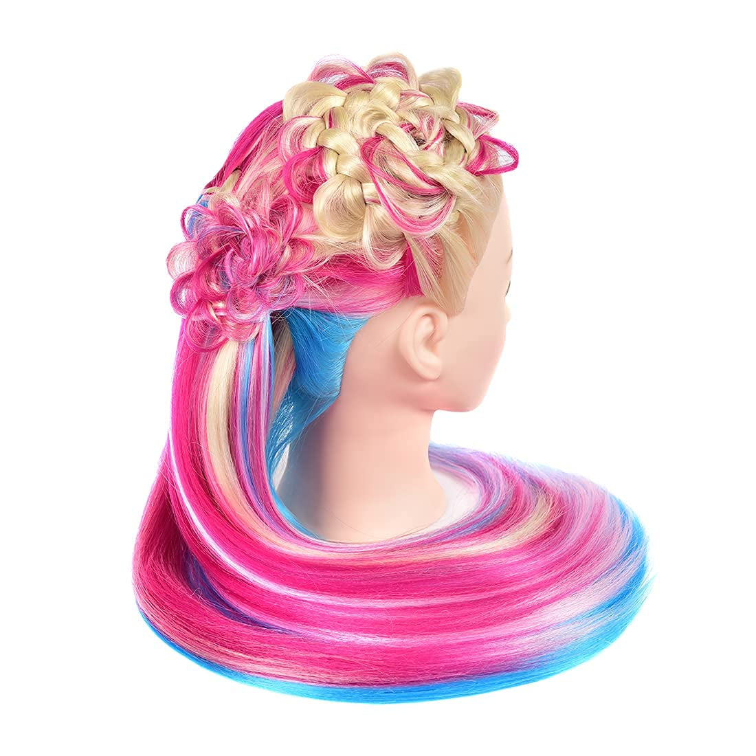 Mannequin Head with Long Synthetic Fiber Colorful Hair Styling Training Head 26-28Inch Manikin Cosmetology Doll Head Hairdressing Training Model for Cutting Braiding Practice and Free Clamp Holder