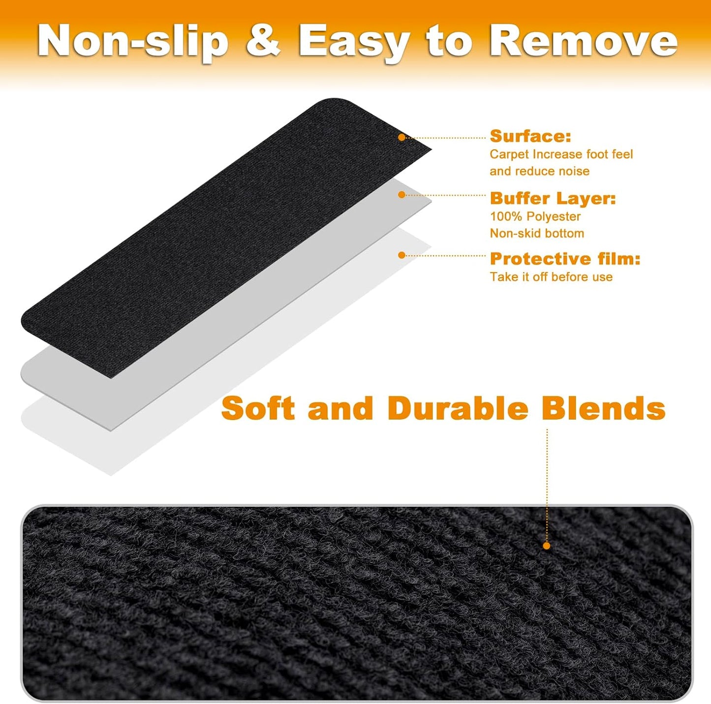 8X30In 15PCS Non-Slip Stair Treads Carpet, Self-Adhesive Stair Treads for Wooden Steps, Indoor Safety Staircase Step Treads, anti Slip Stair Runner Mats for Elders, Kids and Dogs (Black)
