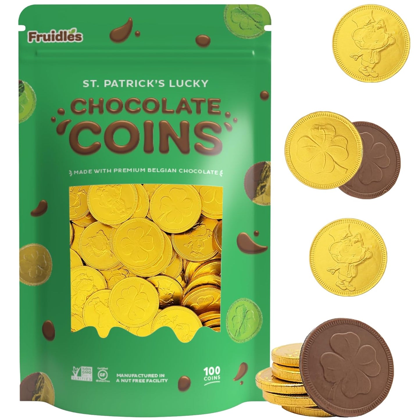 St. Patrick'S Day Chocolate Coins Lucky Gold Coins Foils, Belgian Milk Chocolate Coins Bag Nut-Free (25-Pack)