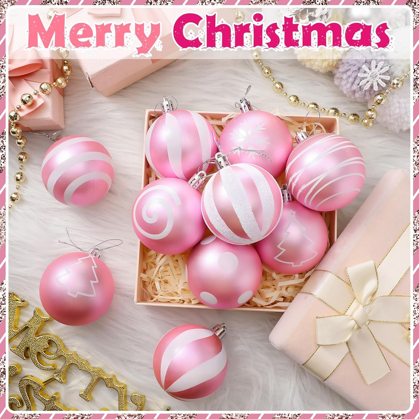 24 Pcs Pink and White Christmas Ball Ornaments 2.36 Inch Christmas Tree Decoration Ornaments Glitter Plastic Stripe Dot Snowflake Hanging Ball Christmas Decorations for Home Indoor Outdoor