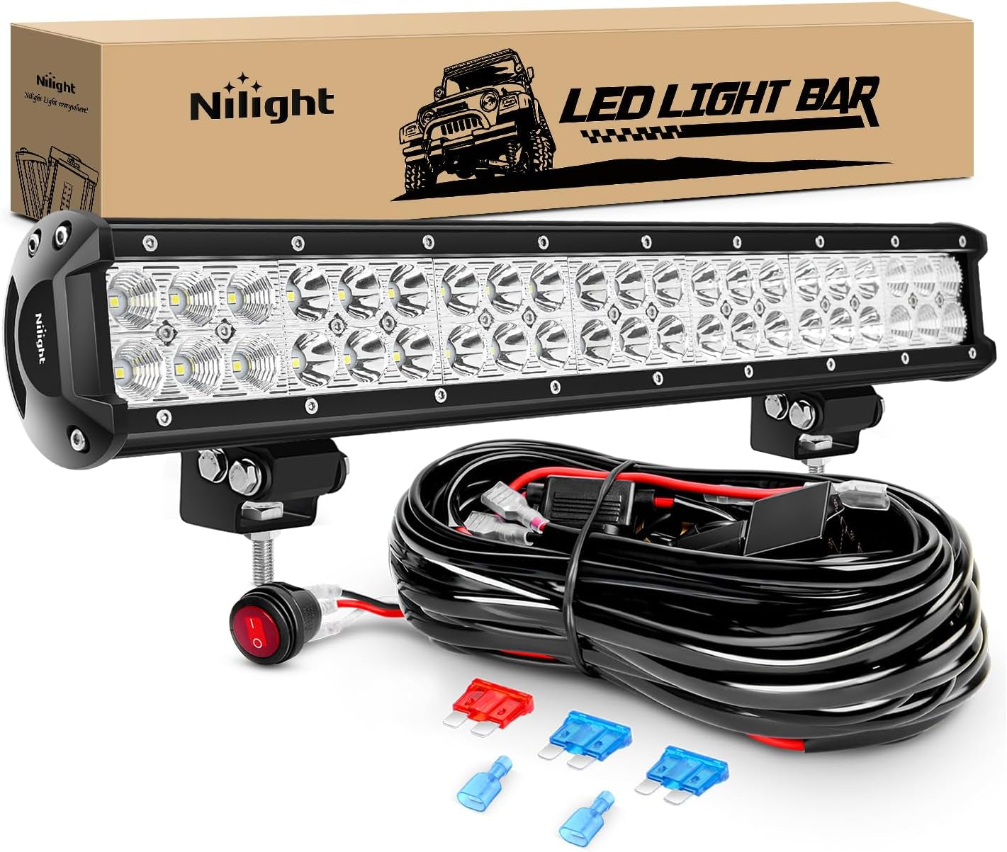 LED Light Bar 20Inch 288W Flood Spot Combo 28800LM off Road Driving Lighting with Wiring Harness for Trucks Tractor Trailer Pickup Golf Cart SUV ATV UTV 4X4 Van Camper