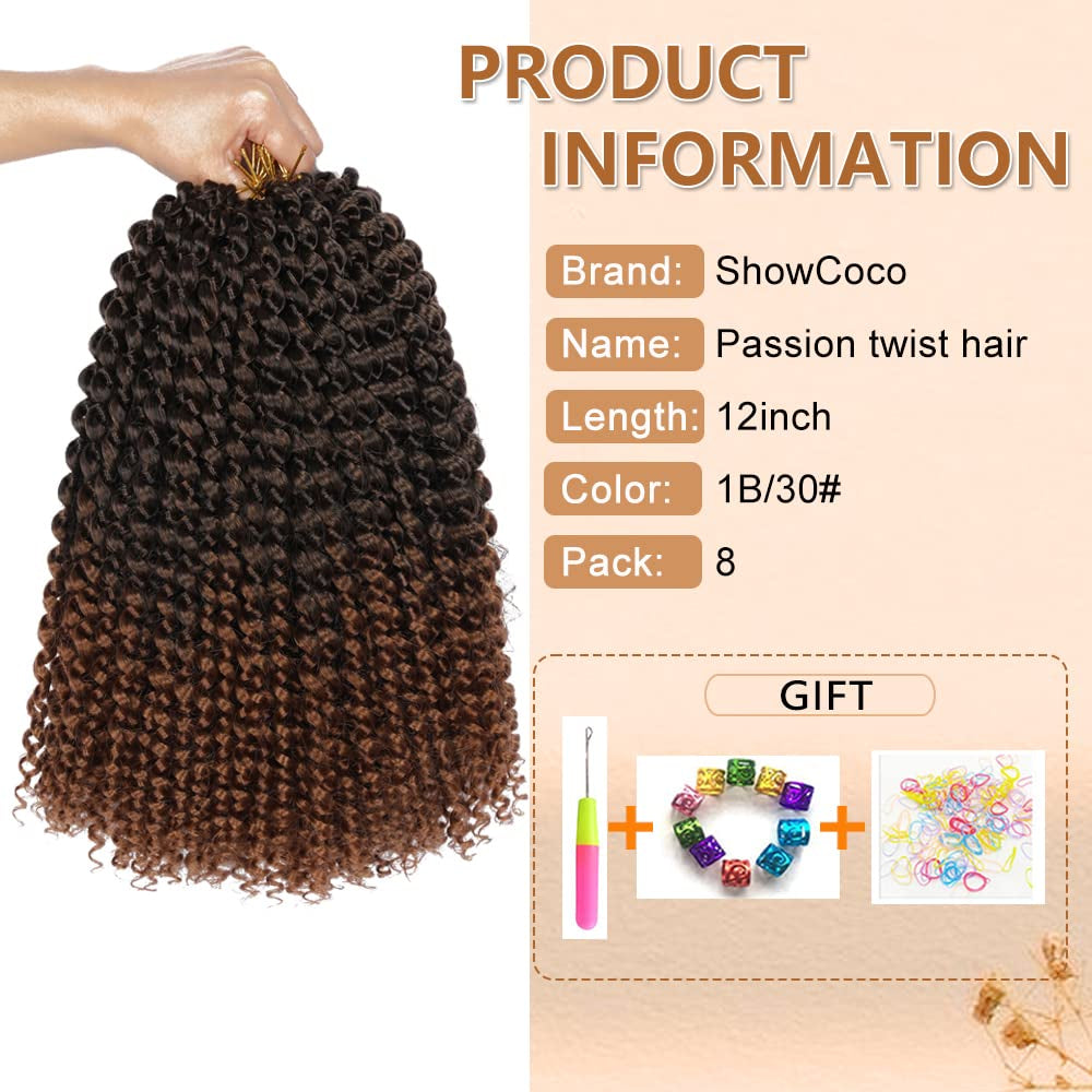 Passion Twist Hair - 12 Inch Water Wave Crochet Hair 8 Packs Short Crochet Braids Passion Twists Braiding Hair Bohemian Synthetic Hair Extension (12 Inch, 1B/30)