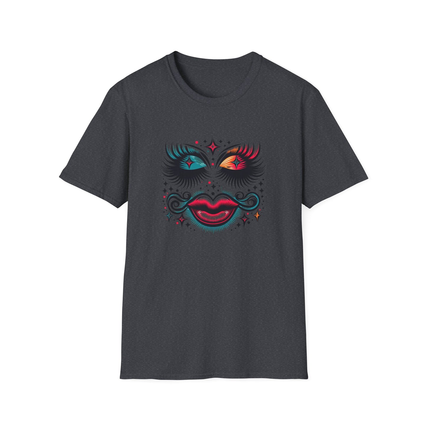 LASHES Vibrant Face Graphic T-Shirt - Unisex Softstyle Tee for Festivals & Celebrations