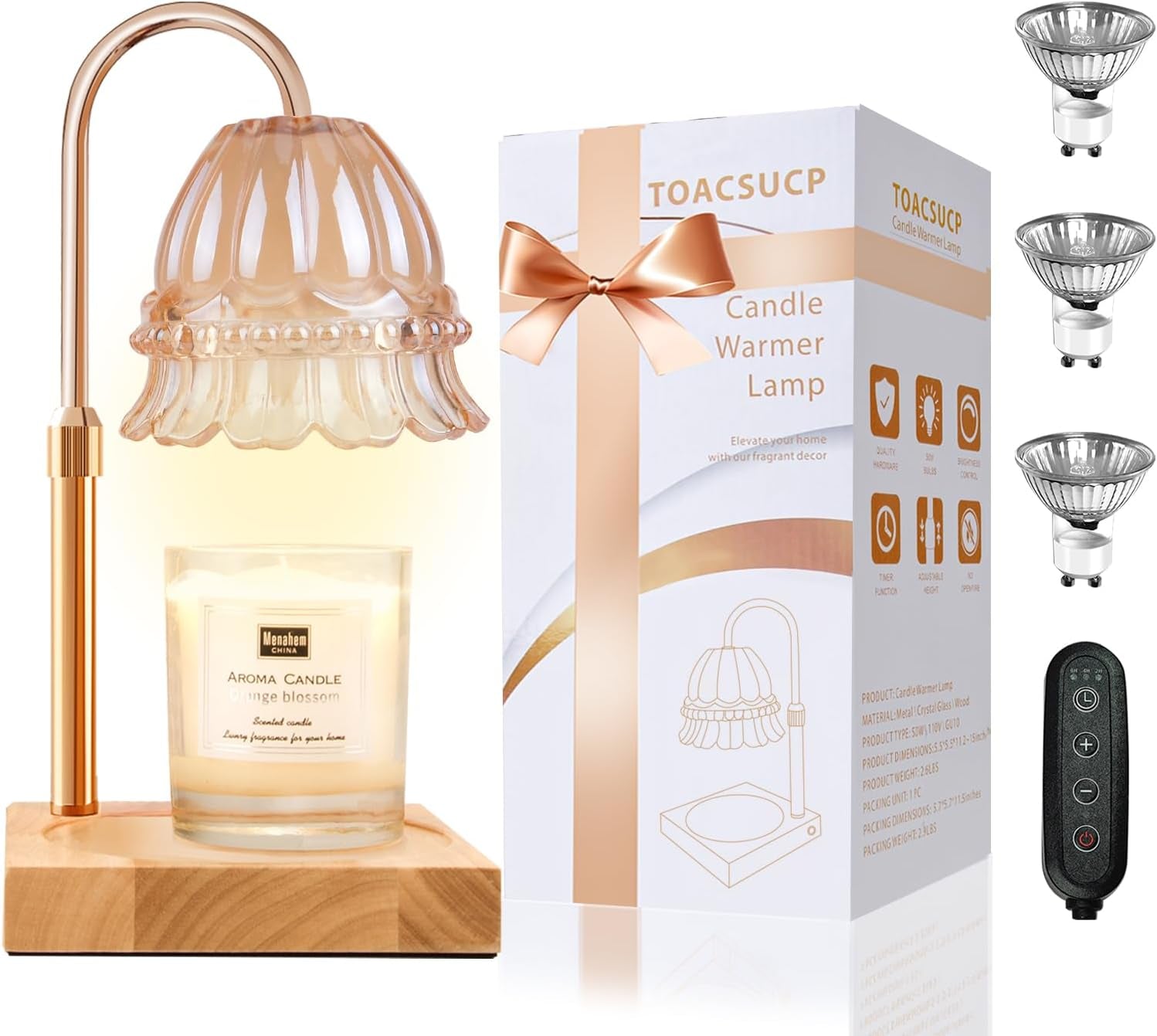 Candle Warmer Lamp with 3 Bulbs, Adjustable Height Dimmable Candle Warmer with Timer, Compatible with Large Jar Candles, Candle Lamp with Charming Gift Box Ribbon for Her/Him(Natural Wood)