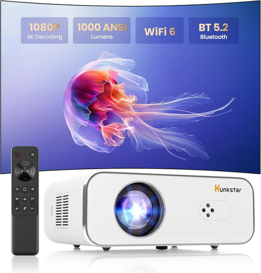 Mini Projector, 4K Support Projector with Wifi 6 and Bluetooth 5.2, 1000 ANIS Portable HD1080P Home Video Projector with Auto Focus, Suitable for Family Gatherings, Various Festivals (White)