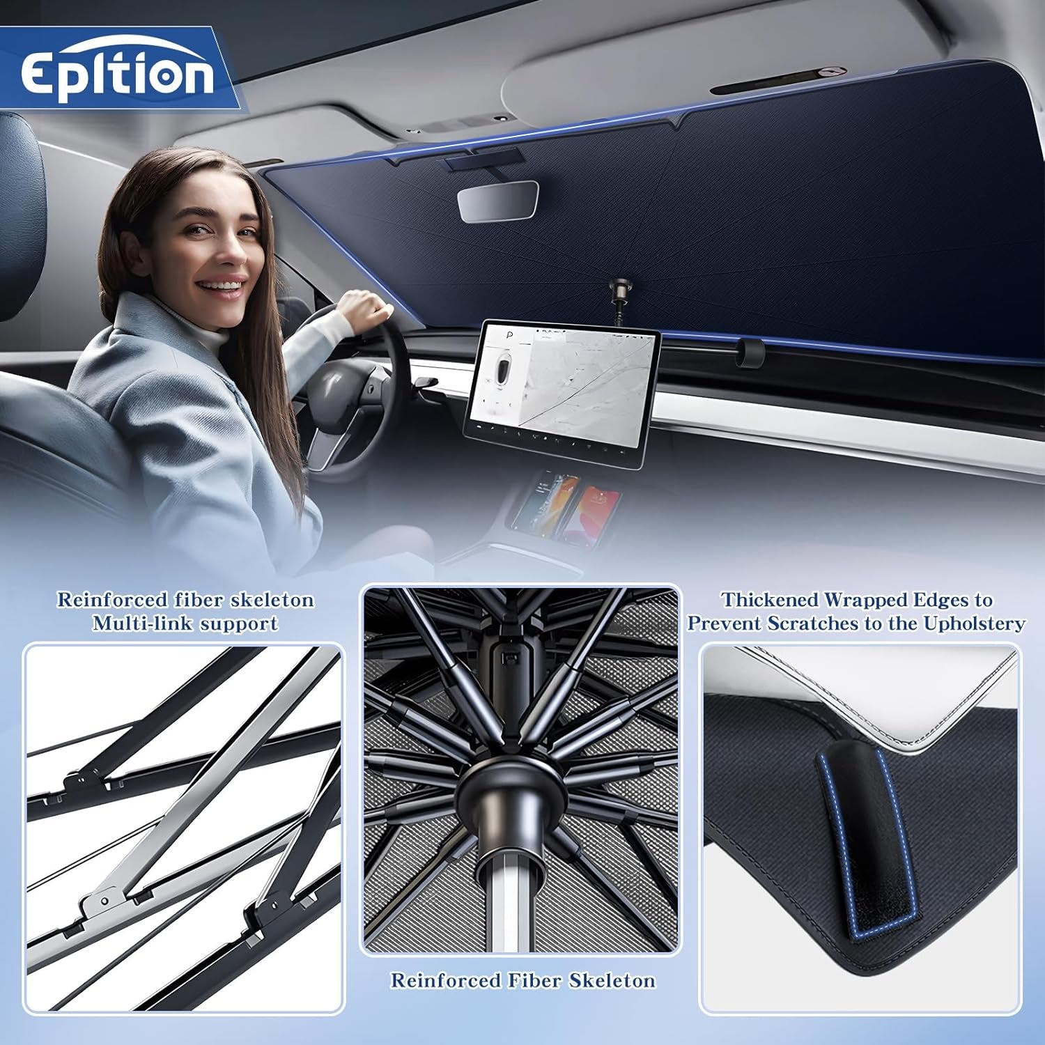 2024 Newest Tesla Model 3/Model Y Windshield Sunshade Double Layer Umbrella-[Outer Cooling Ice Crystal Layer][Built-In Vinyl Insulation],Full-Size Foldable Front Sun Shade for Model 3/Y 2016-2024