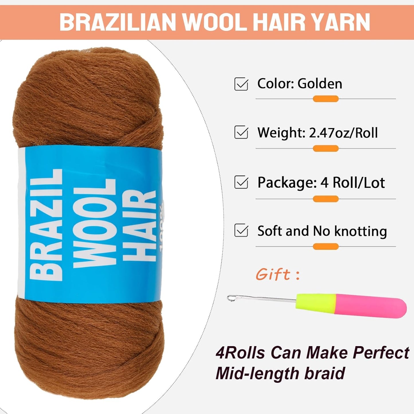 4 Pcs Brazilian Wool Hair for Braids Acrylic Hand Knitting Yarn for African Faux Locs Crochet Hair for Black Women Goddess Crochet Box Braid Braiding Hair Extension(#13)