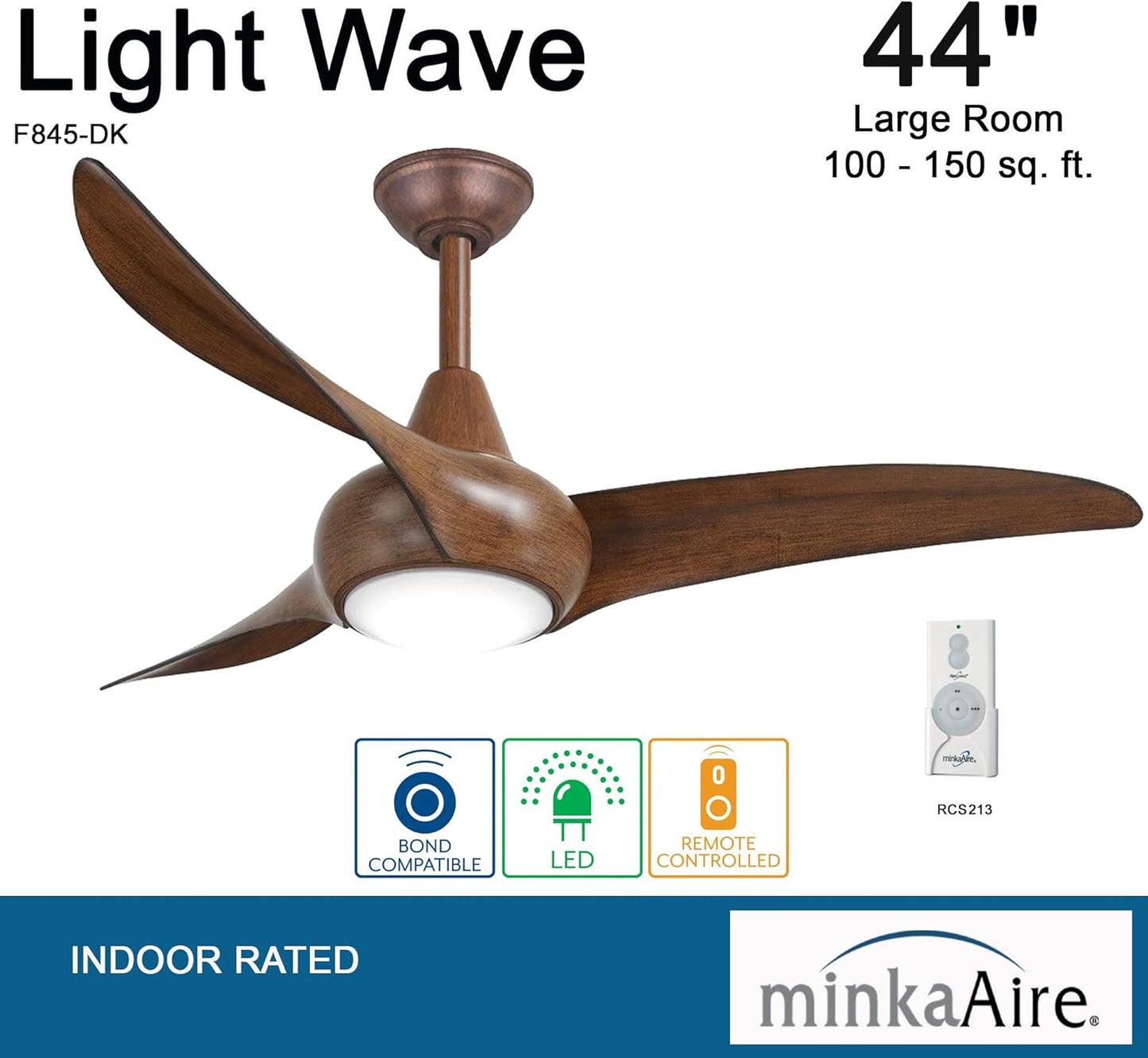 F845-DK Light Wave 44 Inch Ceiling Fan with LED Light and Remote Control, Brown Distressed Koa Finish