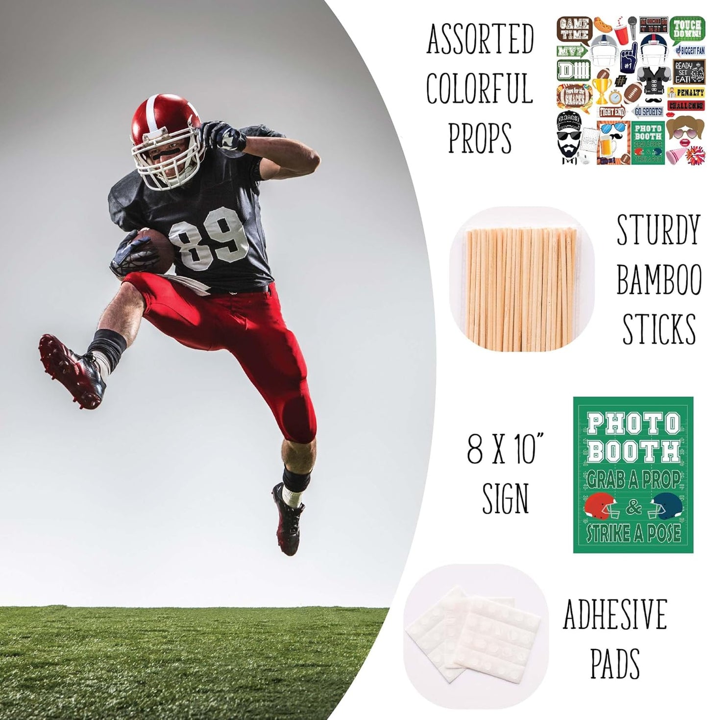 Football Photo Booth Props - 41-Pc Photobooth Kit with 8 X 10-Inch Sign, 60 Adhesive Pads, 45 Sticks - Superbowl Photo Props - Football Photo Props - Tailgate Photo Props