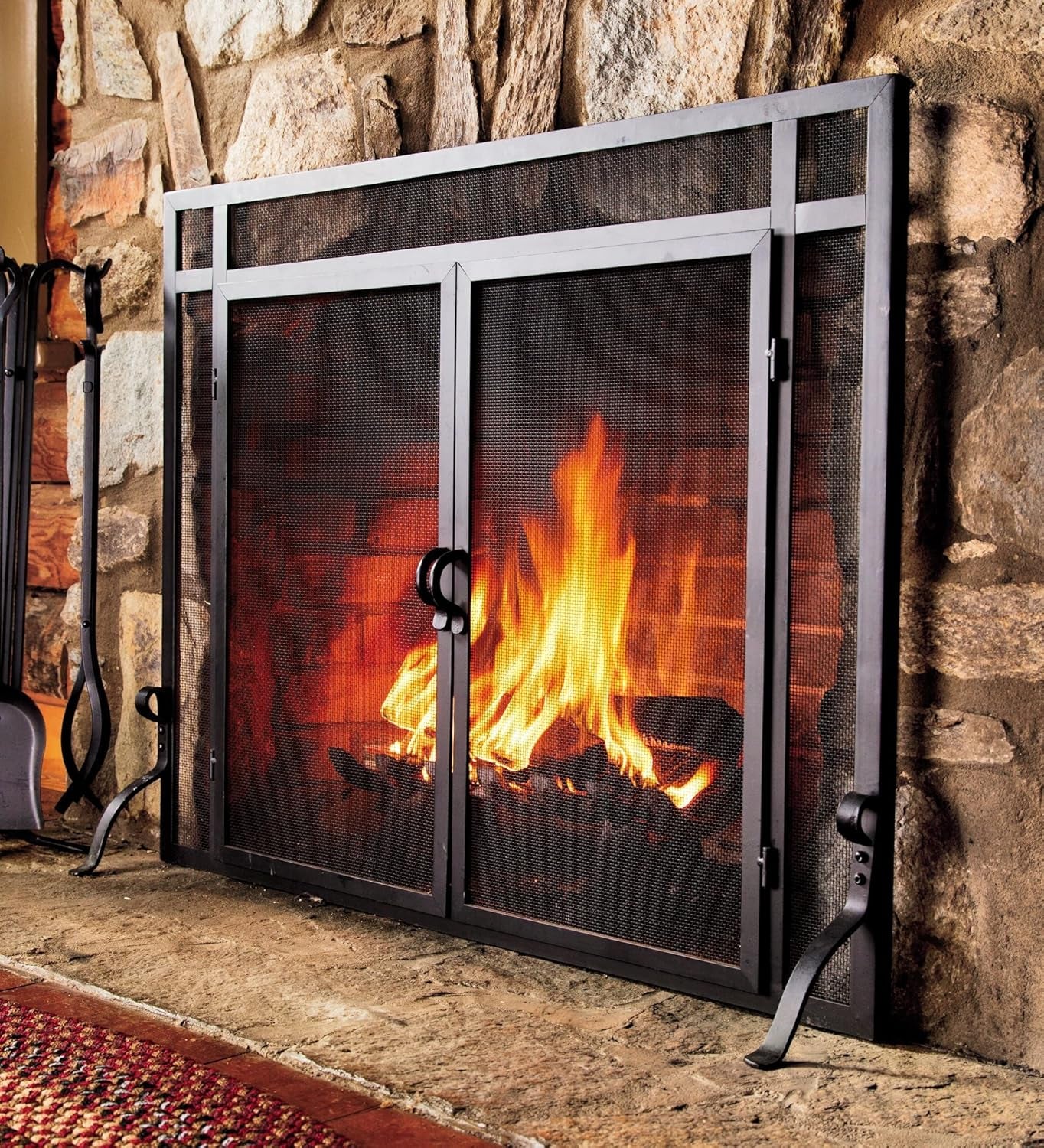 Metal Fireplace Screen Flatguard Black | 44" W X 33" H | 2 - Door | Spark Guard Indoor Grate | Iron Fire Place Cover | Wood Burning Stove Decorative Accessories
