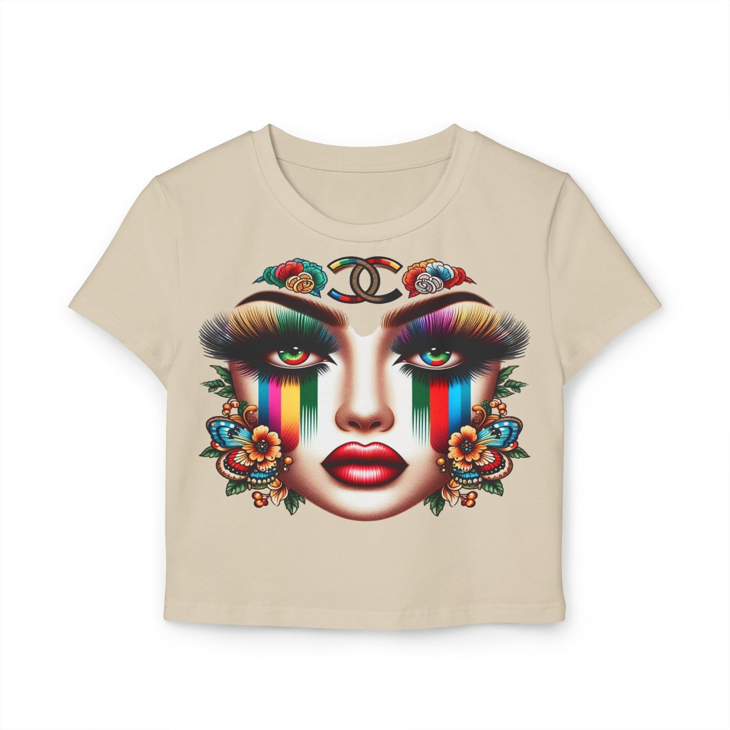 Vibrant Graphic Women's Baby Tee - Colorful Floral Face Design