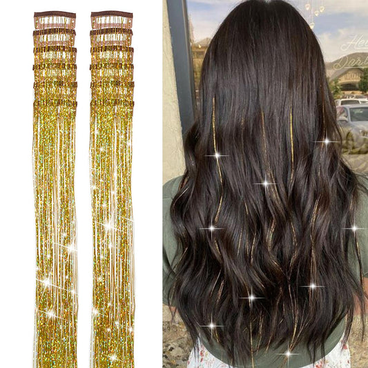 12Pcs Hair Tinsel Clip in 19.6Inch Tinsel Hair Extensions Clip in Hair Tinsel Kit Heat Resistant Shiny Sparkle Glitter Hair Extensions Fairy Hair Accessories for Women Girls Kids (Gold)