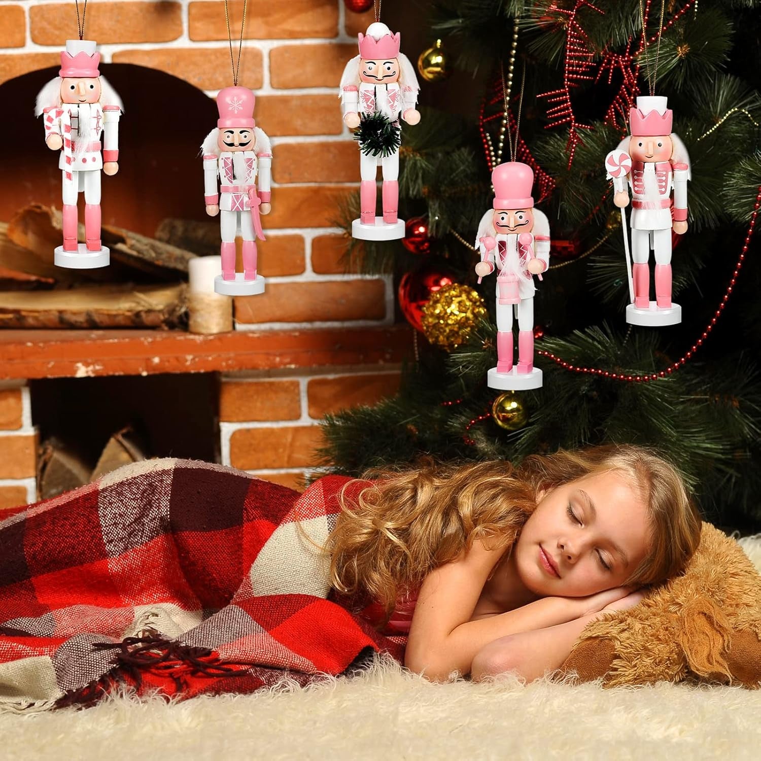 5 Pcs Christmas Nutcracker Ornaments Pink Wooden Nutcracker Hanging Decorations 5 Inch Soldier Nutcracker Figures Christmas Table Decoration Gift for Christmas Tree Holiday Party