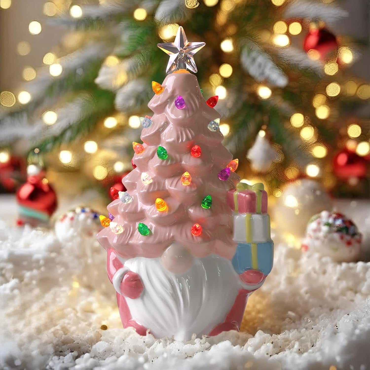 Ceramic Christmas Tree, Pink Christmas Decor Light-Up Ceramic Gnome with LED Battery Powered, Classic Christmas Decor for Home Shelf Cabinet Table, Home Display, Tabletop