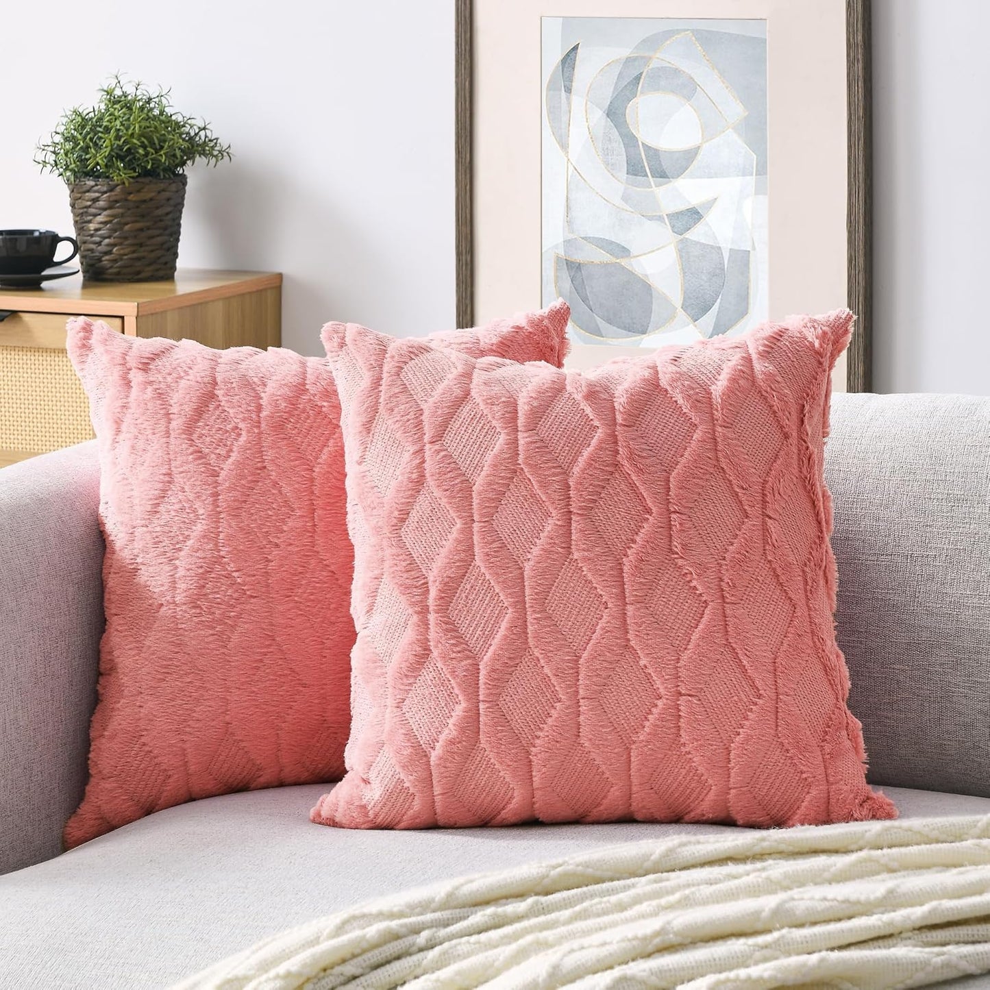 Pack of 2 Faux Wool Throw Pillow Covers 20X20 Inches Decorative Farmhouse Velvet Couch Pillow Case Soft Plush Square Boho Cushion Pillowcase, Embroidery, Geometric, Home, Coral Red