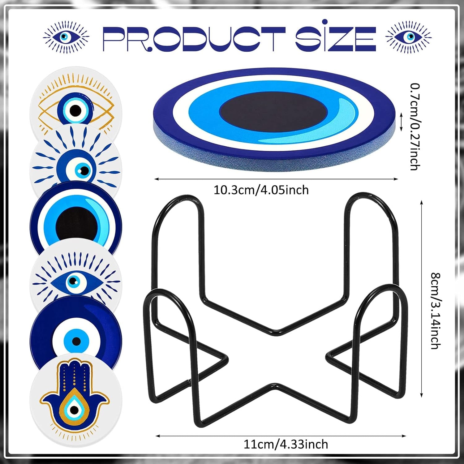 Set of 6 Ceramic Evil Eye Coasters with Coaster Holder Evil Eye Blue Coasters for Drinks round Absorbent Cup Mat with Cork Base for Home Table Decor Desk Kitchen Accessories, 4 Inch