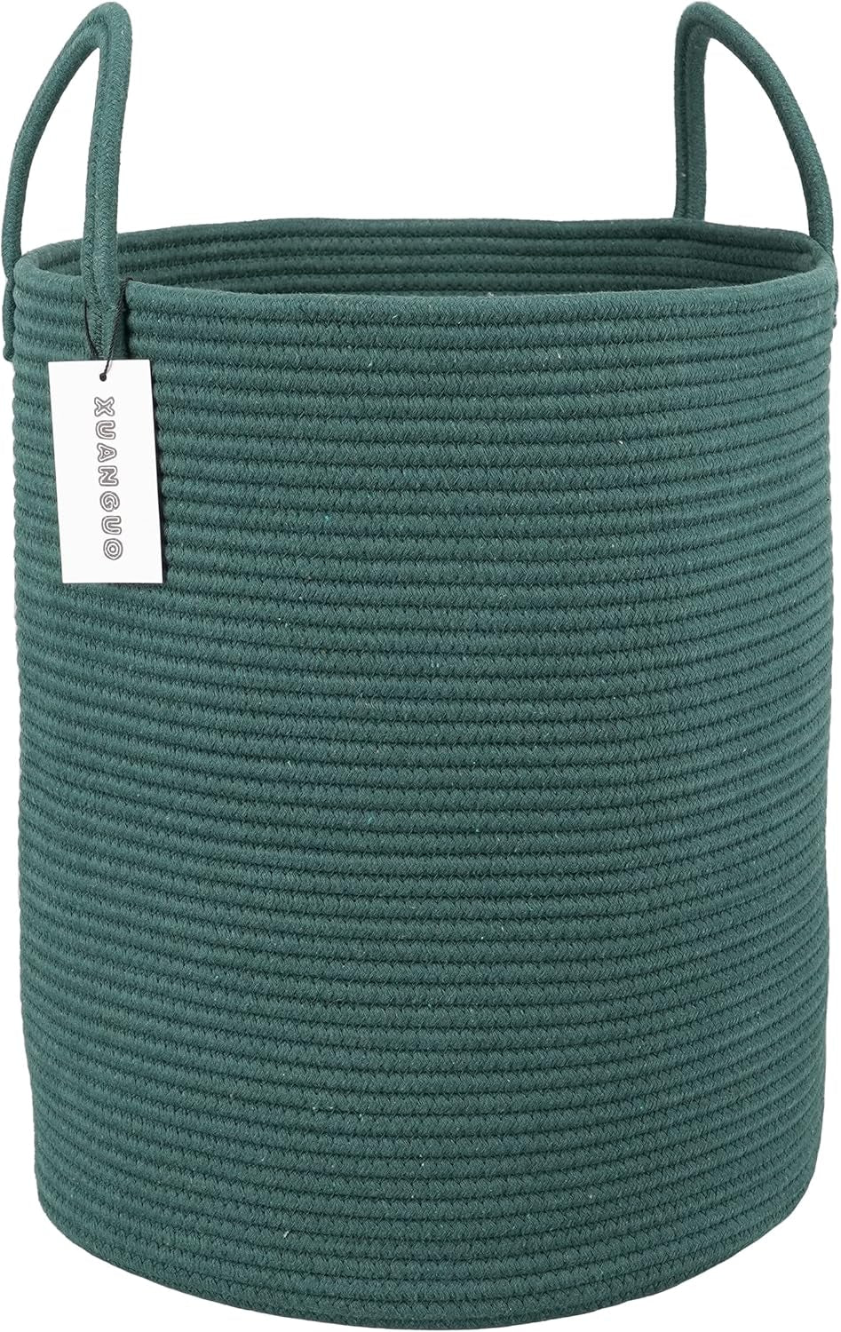 Cotton Rope Laundry Basket Hamper for Clothes Woven Storage Basket for Living Room Bedroom Boho Tall Rope Baskets for Blanket Toys Pillow Towels Baby Nursery Hamper Bin Large Dark Green