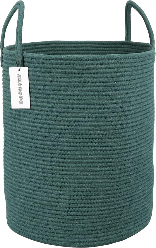 Cotton Rope Laundry Basket Hamper for Clothes Woven Storage Basket for Living Room Bedroom Boho Tall Rope Baskets for Blanket Toys Pillow Towels Baby Nursery Hamper Bin Large Dark Green