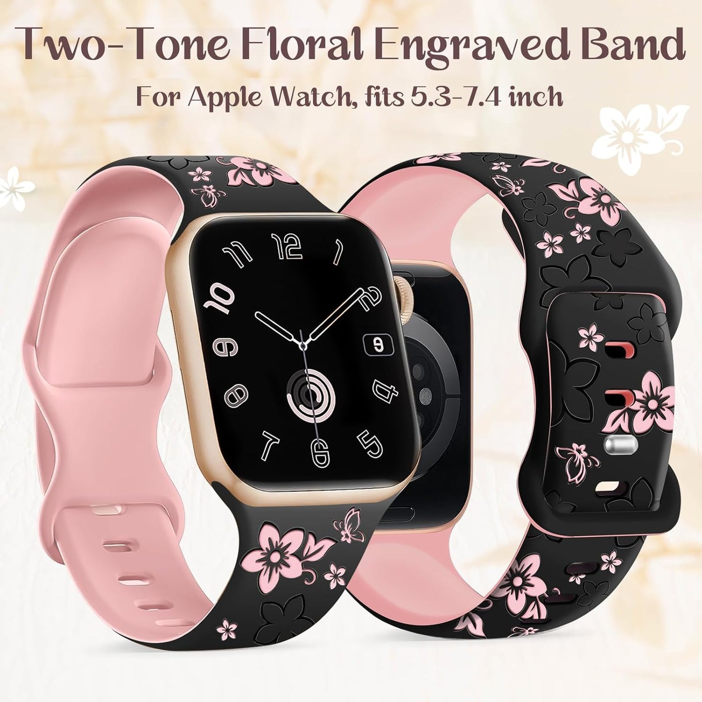 Gold Slim Band Floral Engraved Silicone Band Bundle Compatible with Apple Watch 38Mm 40Mm 41Mm 42Mm 44Mm 45Mm 46Mm 49Mm Women for Iwatch Series 10/9/8/7/6/5/4/3/2/1/Se/Ultra